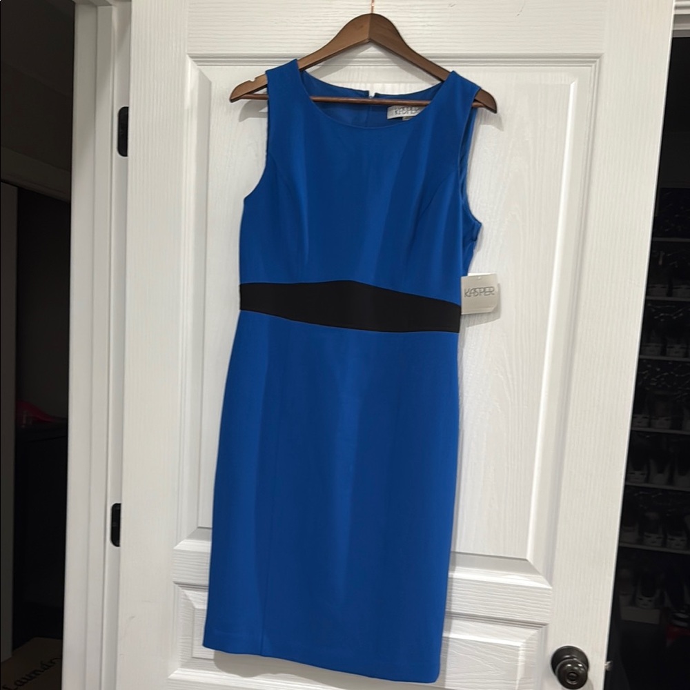 Kasper Blue and Black Sheath Dress Sleeveless Crew Neck
